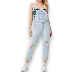 PACSUN Light Wash Distressed Relaxed Fit Overall Suspenders